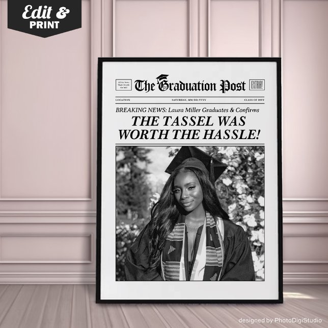 Anpassad examens tidning, Chic examensfest Poster (Custom Graduation Newspaper Print, Personalized Grad Gift, Fun Tassel Quote)