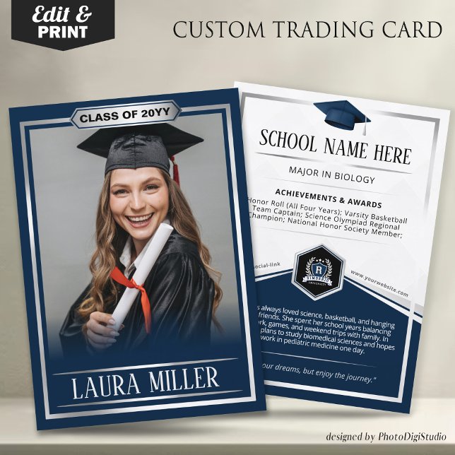 Anpassad examenshandelsaffisch, marin silver exame (Editable Graduate Trading Card, Elegant Blue Silver Card, Custom Trading Card for Graduation)