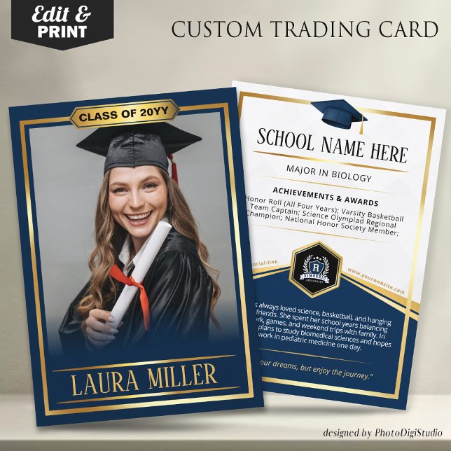 Anpassad examenshandelskort, Navy Gold Graduate (Editable Graduate Trading Card, Elegant Blue Gold Card, Custom Trading Card for Graduation)