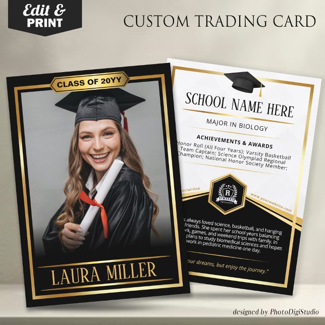 Anpassad examenshandelsplansch, guldklass 2026 (Editable Graduate Trading Card, Elegant Black Gold Card, Custom Trading Card for Graduation)