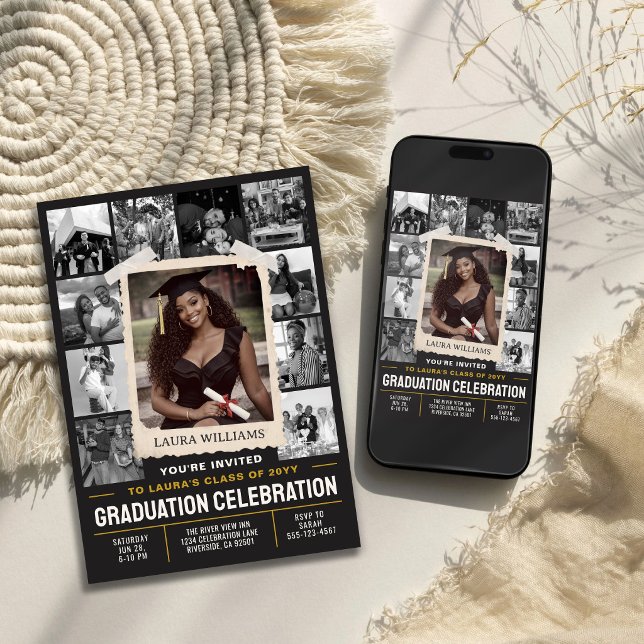 Anpassad examensinbjudan, Retro fotocollage Inbjudningar (Custom Graduation Invite, Retro Photo Collage Invitation)