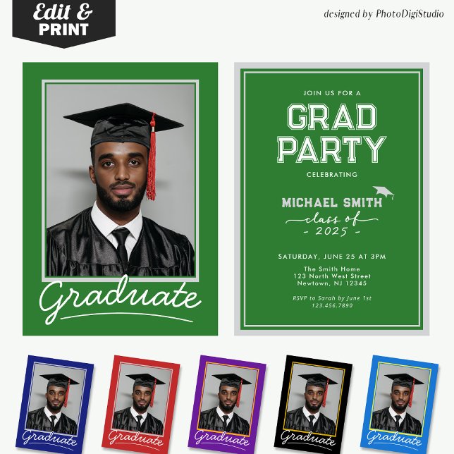 Anpassad examenskort, klassisk grön inbjudningar (Custom Graduation Invitation Card | Green and White Classic Design for Graduation Party and Ceremony)