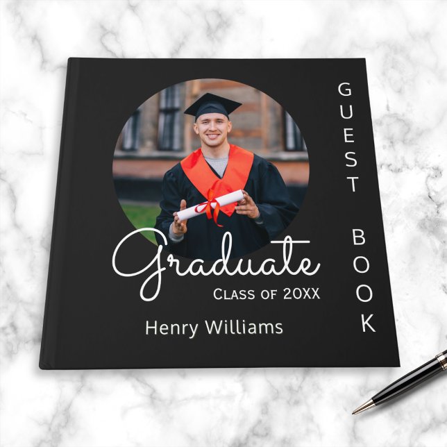 Anpassad examenspresent med modern foto gästböcker (A black guest book for graduation, personalized with photo, name and 'class of' year)