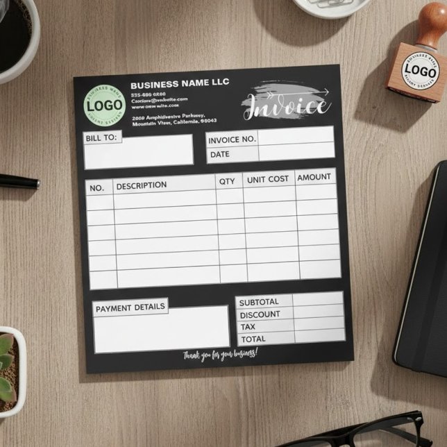 Anpassad fakturaformulär med logotyp Svart Småföre Anteckningsblock (Small Business Receipts | Receipts for Small Businesses | Order Form)