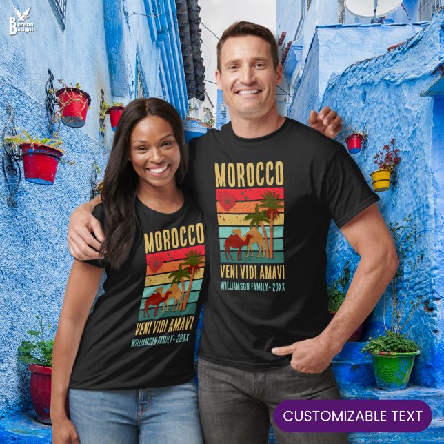 Anpassad familjeåterträff semester Marocko resa T Shirt (Morocco Family Group Vacation shirt w/ vintage sunset, custom text. Ideal for group/family reunions)