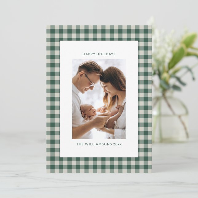 Anpassad familjefoto Grön Gingham Rutig Glad Julkort (Stående Fram)