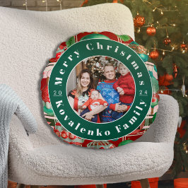 Anpassad familjefoto röd grön randig julhelg rund kudde