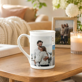 Anpassad familjefotocollage med 3 bilder och text benporslin mugg