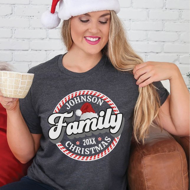 Anpassad familjenamn för Candy cane matchning T Shirt (Heather dark gray, red, white, black personalized name matching family Christmas & year group shirts)