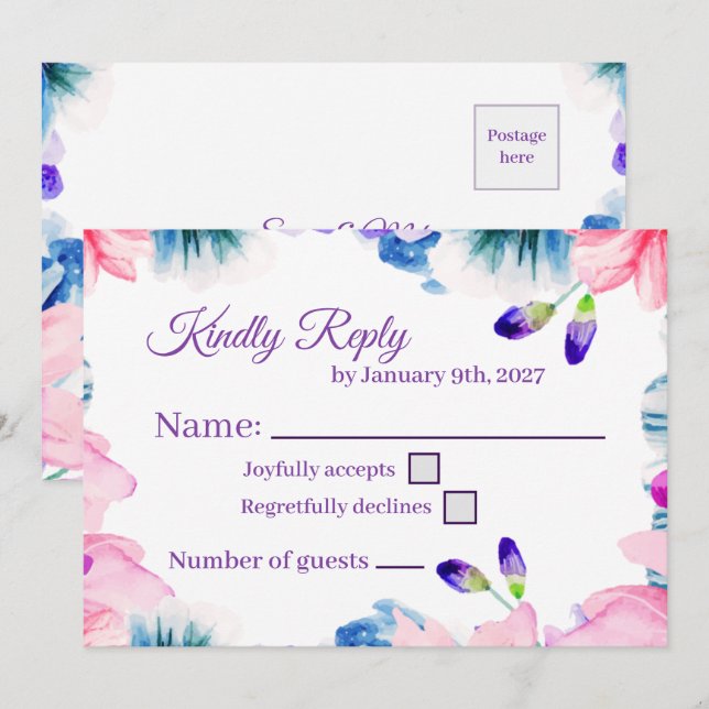Anpassad färg akvarell Blommig RSVP-kort Inbjudningar (Fram/baksida)