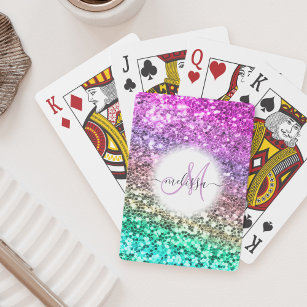 Anpassad färgfull Glitter Sjöjungfru Monogram Namn Casinokort