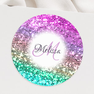 Anpassad färgfull Glitter Sjöjungfru Monogram Namn Runt Klistermärke