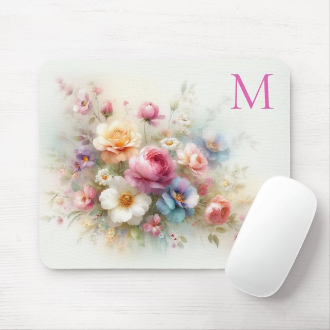 Anpassad Färgrik Aquarell Blommig Mall Monogram Musmatta (Med mus)