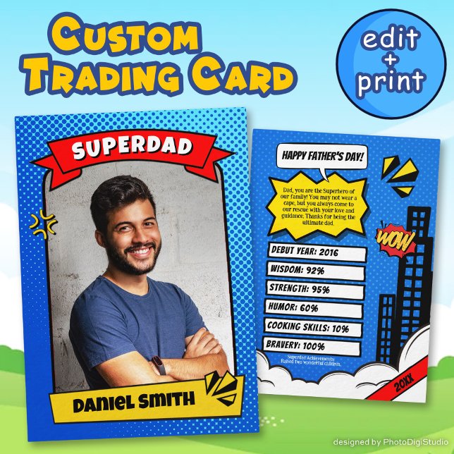 Anpassad Fars Dag Tradingkort Kul Superdad Serieti (Custom Fathers Day Card, Dad Trading Card Fun Superdad Comic)