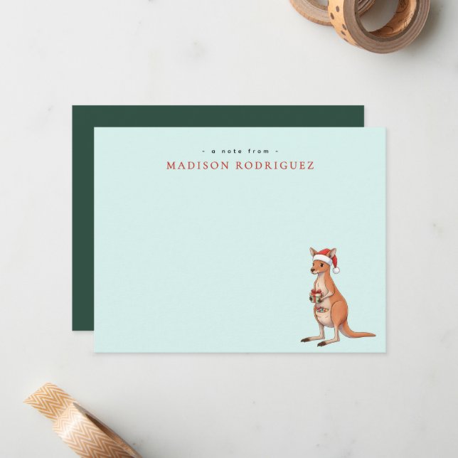 Anpassad Festlig Känguru Med Tomtehatt Jul Anteckningskort (Fram/Back In Situ)