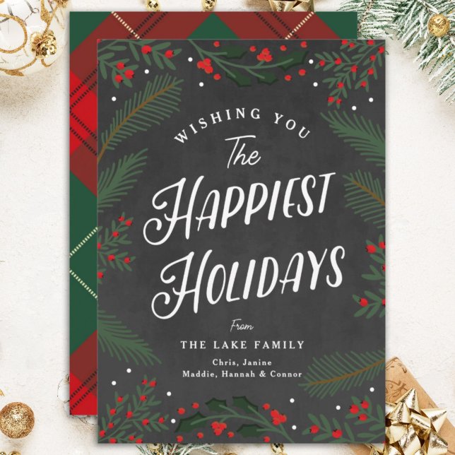 Anpassad Festlig Rutmönster med Grönska och Bär  Julkort (Skapare uppladdad)