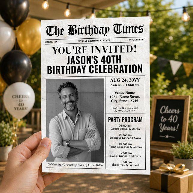 Anpassad födelsedags tidningsinbjudan med program  (Custom Birthday Newspaper Invitation with Program)