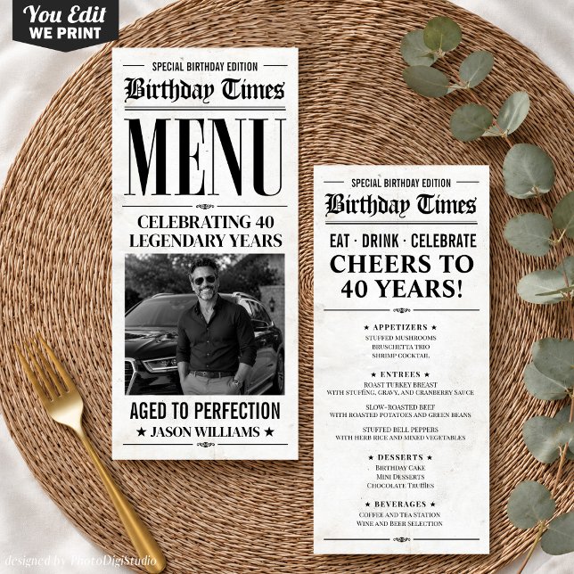 Anpassad födelsedagsmeny i tidningsstil, Födelseda Meny (Custom Birthday Newspaper Menu, Birthday Dinner Menu)