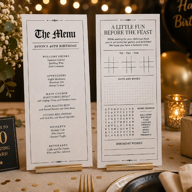 Anpassad födelsedagsmeny, svart vit interaktiv meny (Custom Birthday Menu, Black White Interactive Menu)