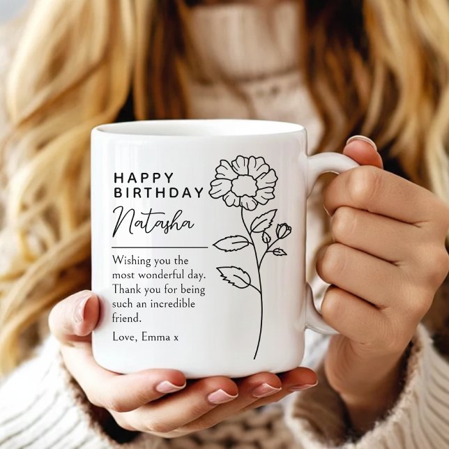 Anpassad födelsedagsmugg med blomstertext - gåva t kaffemugg (Personalized birthday floral mug gift for coworker, Personalized elegant birthday mug gift for her)