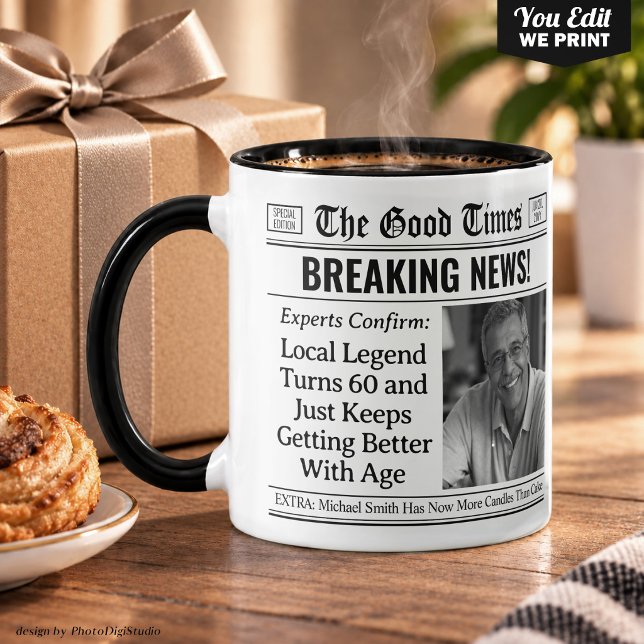 Anpassad födelsedagsmugg, rolig presentidé i tidni mugg (Custom Birthday Mug, Fun Gift Idea Newspaper Mug)
