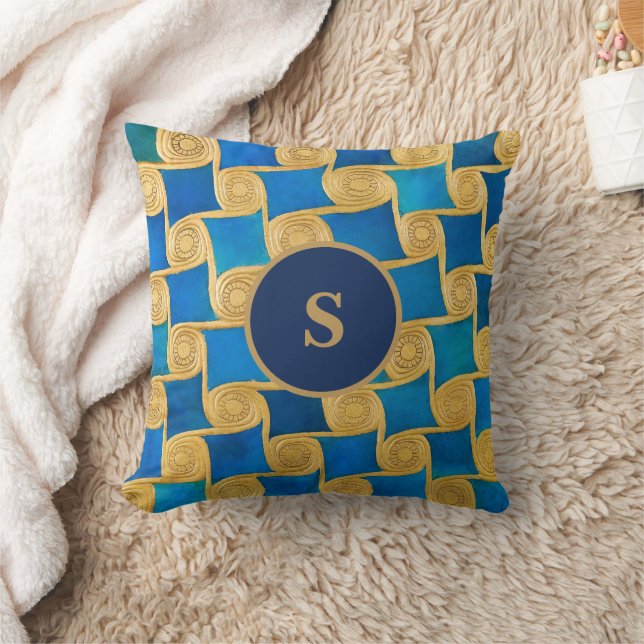 Anpassad Forntida Egyptisk Monogram Blå Guld Kudde (Filt)