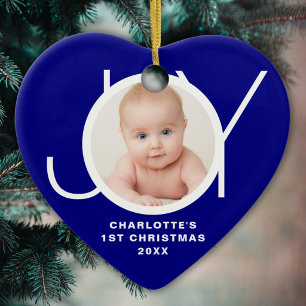 Anpassad Första Julen Baby Foto Blå Glädje Julgransprydnad Keramik