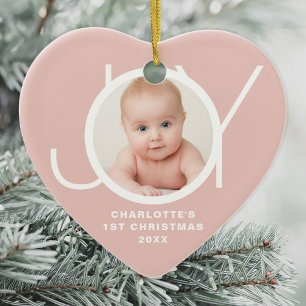 Anpassad Första Julen Babyfoto Rosa Julgransprydnad Keramik