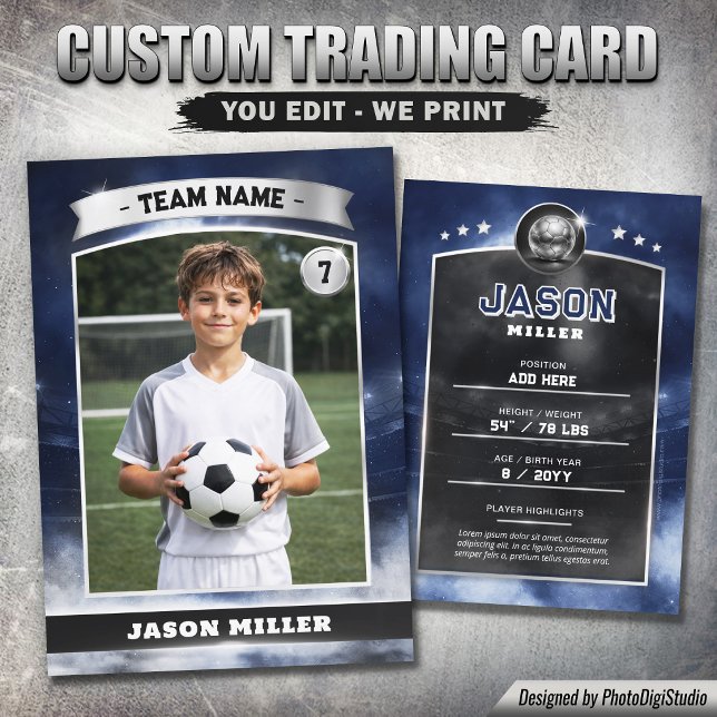 Anpassad fotbollshandelsaffisch, Blue Silver Stadi (Custom Soccer Trading Card, Blue Silver Stadium Calling Card)