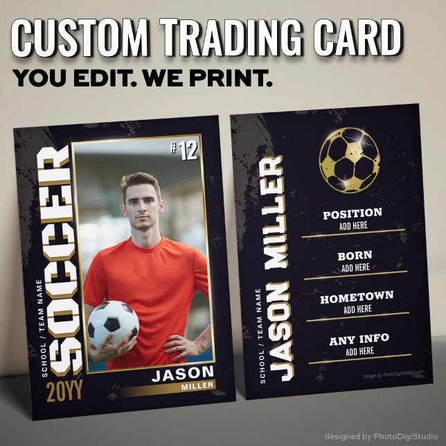 Anpassad fotbollshandelsaffisch, Guld fotbollsspel (Custom Soccer Trading Card, Gold Soccer Player Trading Card)