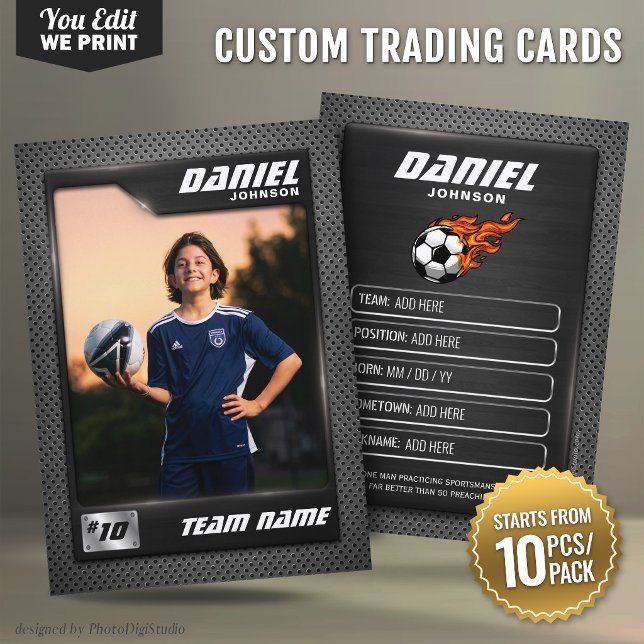 Anpassad fotbollshandelsgrafikkort Grafit Sportkor Placeringskort (Custom Soccer Trading Card Black Graphite Soccer Player Card - 10 pcs/pack, Football Trading Card)