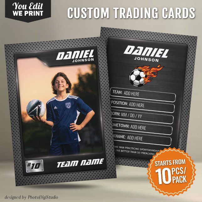 Anpassad fotbollshandelsgrafitkort placeringskort (Custom Soccer Trading Card Black Graphite Sports Player Card - 10 pcs/pack)