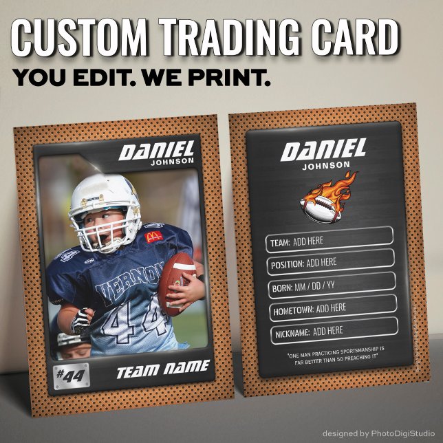 Anpassad fotbollshandelsplåt, modern orange spelar (Custom Football Trading Card, Gold Graphite Player Card)