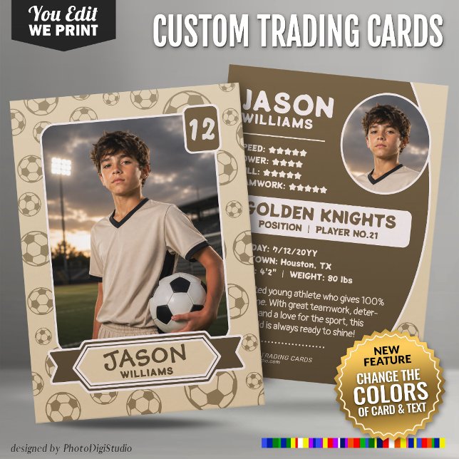 Anpassad fotbollshandelsplåt, redigerbara färger k (Custom Soccer Trading Card, Editable Colors Player Card)