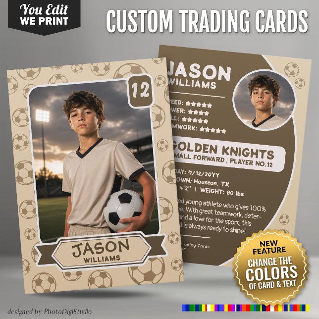 Anpassad fotbollshandelsplåt, redigerbara färger k (Custom Soccer Trading Card, Editable Colors Card)