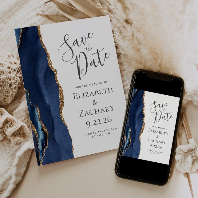 Anpassad Foto Agat Marinblå Guld Save the Date Inbjudningar (Skapare uppladdad)