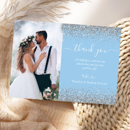 Anpassad Foto Baby Blue Silver Glitter Bröllop Tack Kort