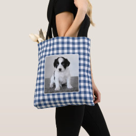 Anpassad Foto Blå Vit Gingham Rutigt Mönster Tygkasse