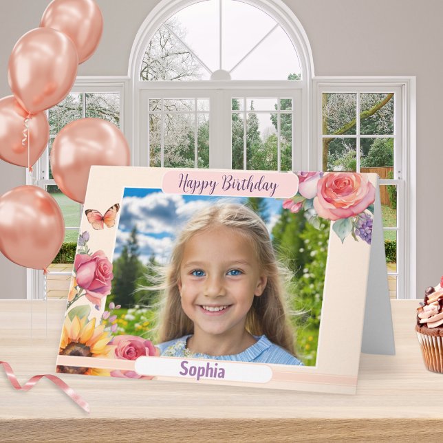 Anpassad Foto Glad Födelsedag Vacker Blommig Elega Kort (A very pretty birthday card with summer flowers, to personalize with a name and photo)