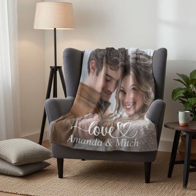 Anpassad Foto Och Namn Par Kärlek Fleecefilt (Custom Photo And Names Couple Love Fleece Blanket)