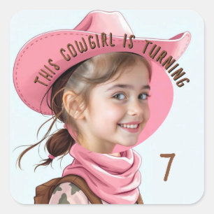Anpassad Foto Pink Cowgirl Tema Födelsedagsfirande Fyrkantigt Klistermärke