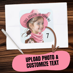 Anpassad Foto Pink Cowgirl Tema Födelsedagsfirande Fyrkantigt Klistermärke