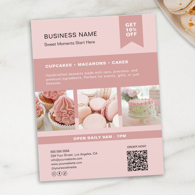 Anpassad Foto QR Bageri Rosa Flyer (Custom Photo QR Bakery Pink Flyer)