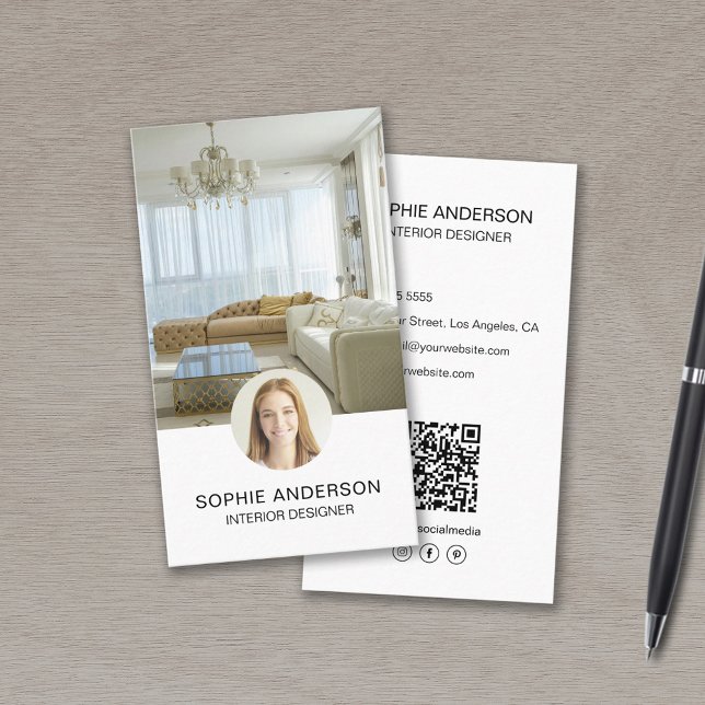 Anpassad Foto QR Professionell Inredningsdesigner Visitkort (Custom Photo QR Professional Interior Designer Business Card)