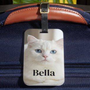 Anpassad foto-resväskemärke med vit katt med blåa bagagebricka