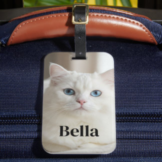 Anpassad foto-resväskemärke med vit katt med blåa bagagebricka