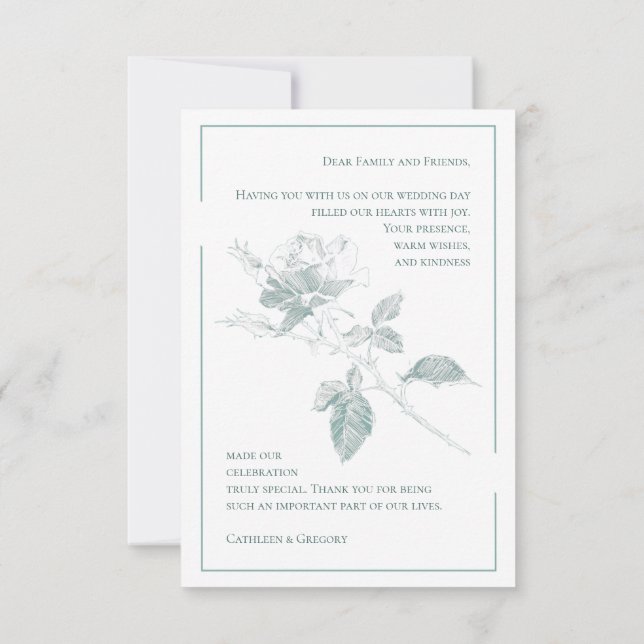 Anpassad Foto Sagegrön Blommig Bröllopskalligrafi Tack Kort (Baksida)