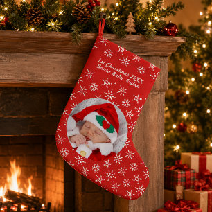 Anpassad Foto Tomte Baby Snöflinga & Röd Bakgrund Liten Julstrumpa