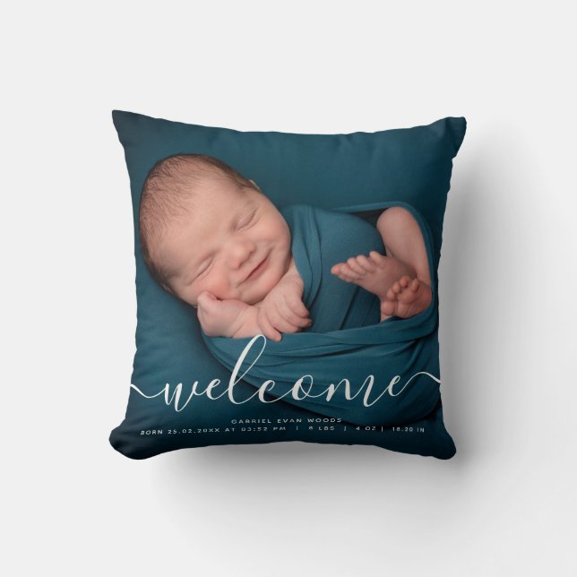 Anpassad Foto Välkomstmanus Overlay Baby Keepsake Kudde (Framsida)