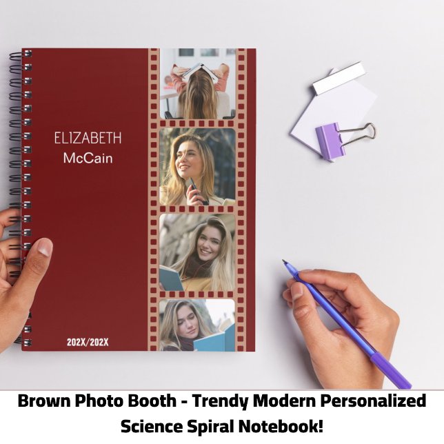 Anpassad fotobås Personlig vetenskapsanteckningsbo Anteckningsbok (Brown Photo Booth - Trendy Modern Personalized Science Spiral Notebook!)